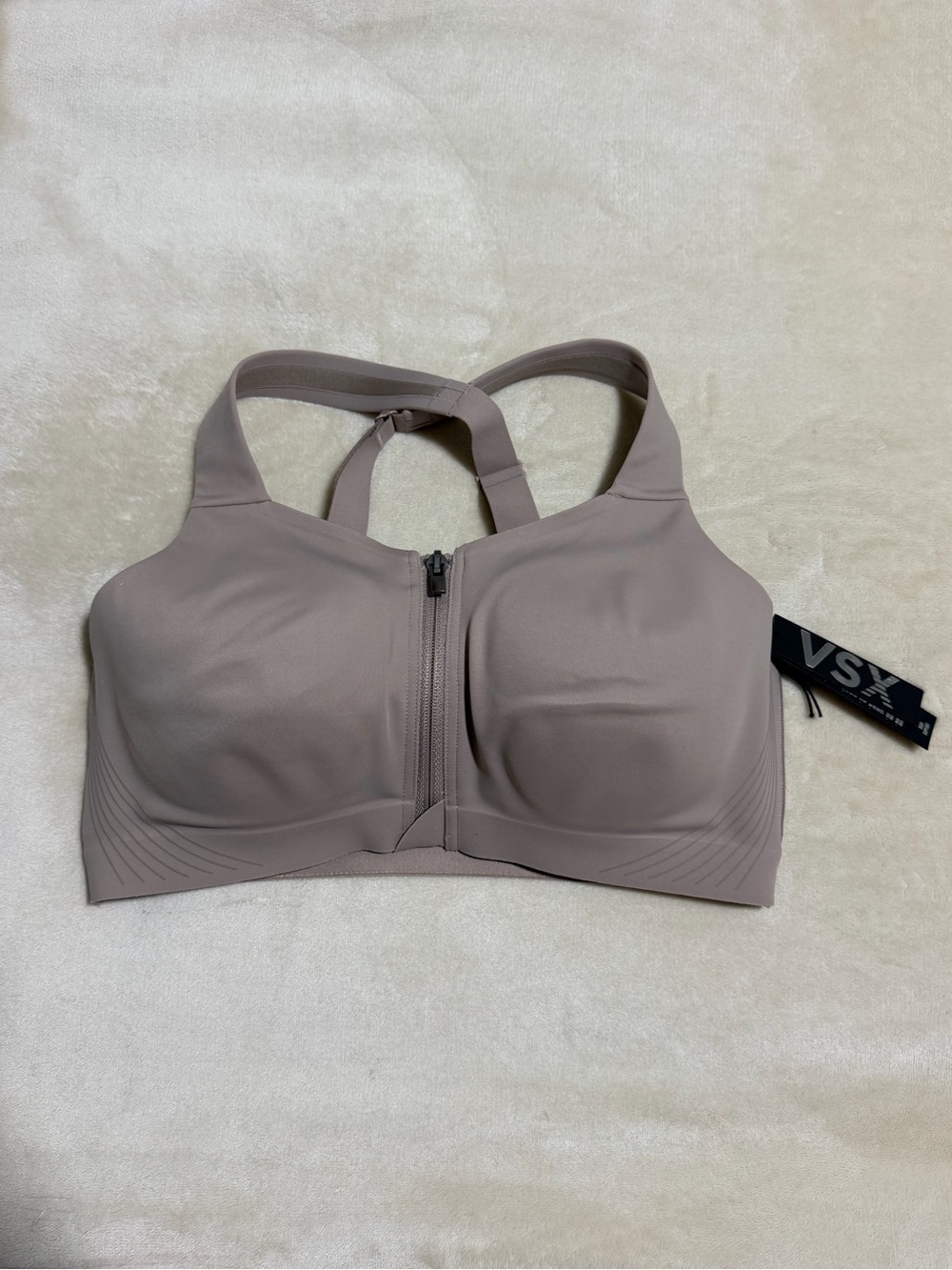 Victoria Secret: VSX Front-Zip High-Support Sports Bra in Taupe—NEW!